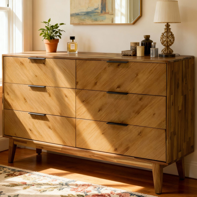 Veyron 54" Geometric Chevron 6-Drawer Dresser, Solid Acacia Wood Mid-Century Minimalist Statement Piece, With Walnut/oak Finish