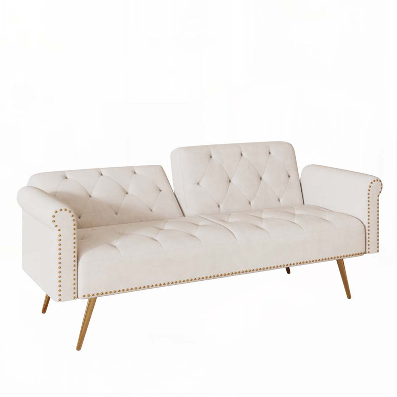 Velvet Fabric Adjustable Sofa Bed, Beige