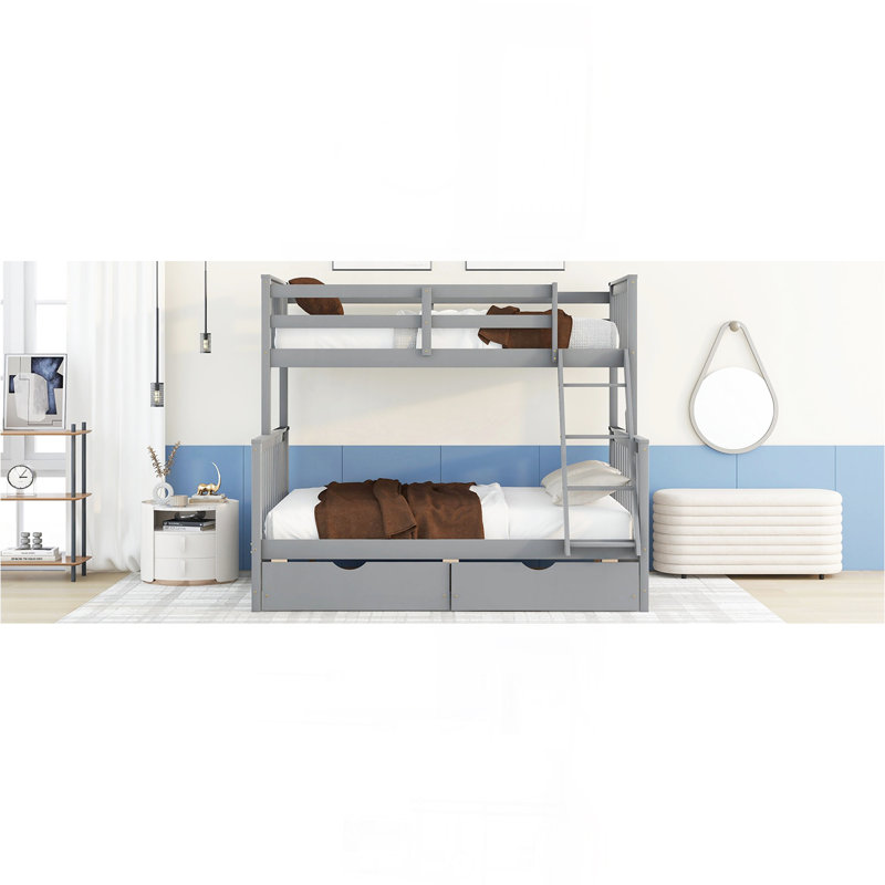 Twin-Over-Full Bunk Bed With Ladders And Two Storage Drawers(Gray), Gray