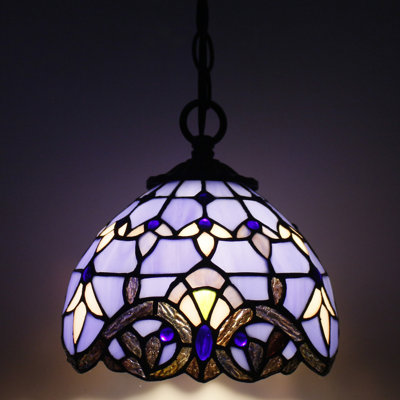 Small Tiffany Pendant Light Stained Glass Plug in Hanging Lamp 8 Inch Adjustable Height Hanging Chandelier Pendant Fixture for Home Kitchen Island Dining Room Hallway (Blue Baroque Style)