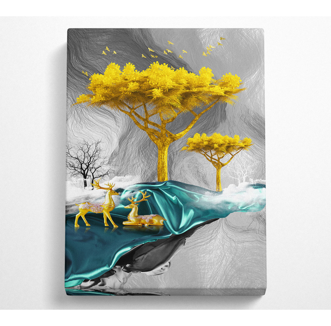 Gold Tree With Two Deers - No Frame Kunstdrucke auf Leinwand