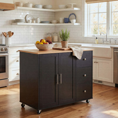 Mobile Kitchen Cart with Storage, 39.76" Rolling Kitchen Island with 2 Doors, 3 Drawers & Adjustable Shelf, Black Utility Cart for Kitchen/Dining Room