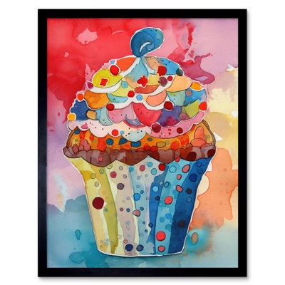 Cupcake With Sprinkles Watercolour Painting Artwork Framed Wall Art Print 9X7 Inch