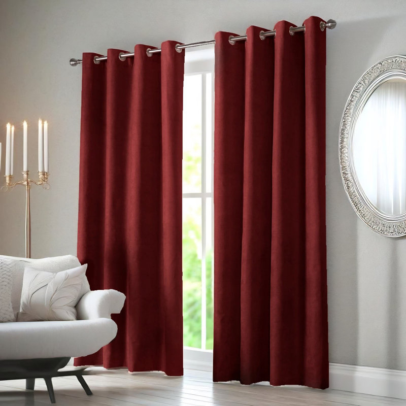 Nalaiyah Velvet Chenille Eyelet Room Darkening Curtains, 142cm Width x 137cm Drop, Red