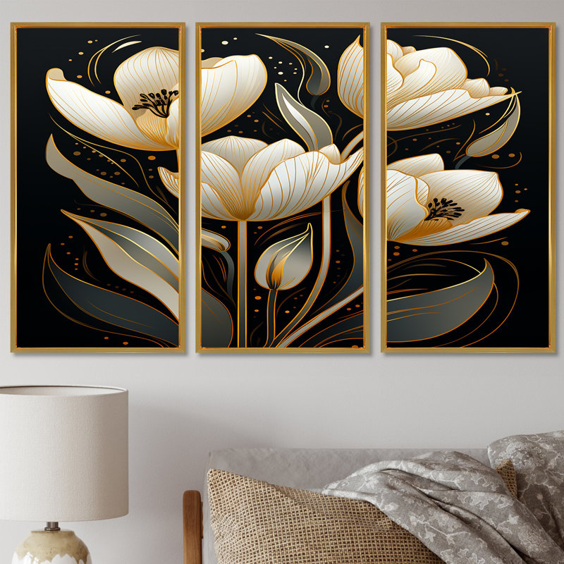 Gosnold - Ensemble d'art mural tulipes, Cadre flottant doré, H 40 po x l 60 po x P 1 po