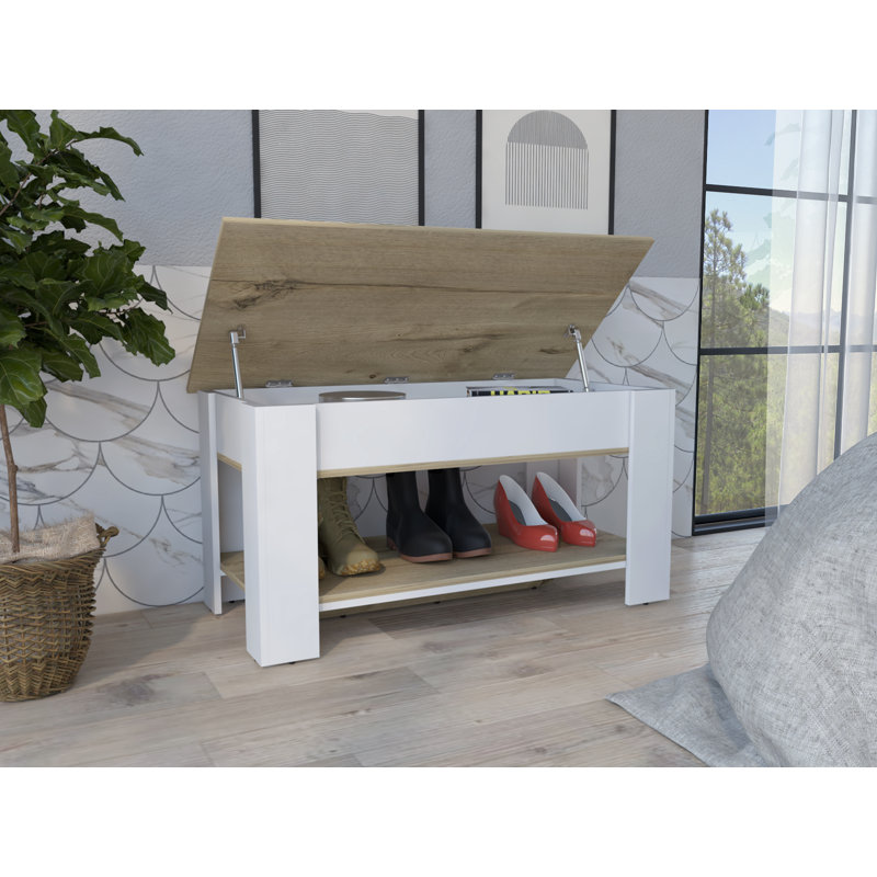 Austin 40" Wide Storage Table with 1 Extendable Shelf, 4 Legs and Lower Shelf, White, Light Oak/White
