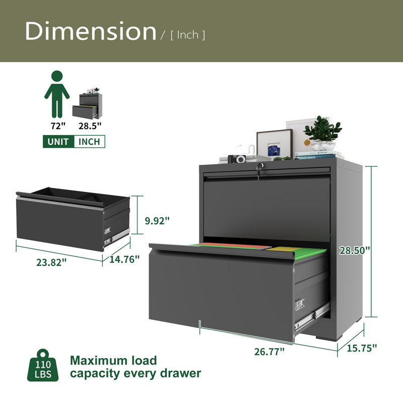 2 Drawer Lateral File Cabinet With Lock, Metal Lateral Filing Cabinet For Home Office, Steel Wide Horizontal Filing Cabinets For Letter/Legal/A4/F4 Hanging Files