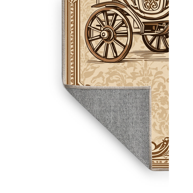 Machine Washable Maurice Horse Carriage Vintage Damask Rug in Beige – Beige Binding, 2x5