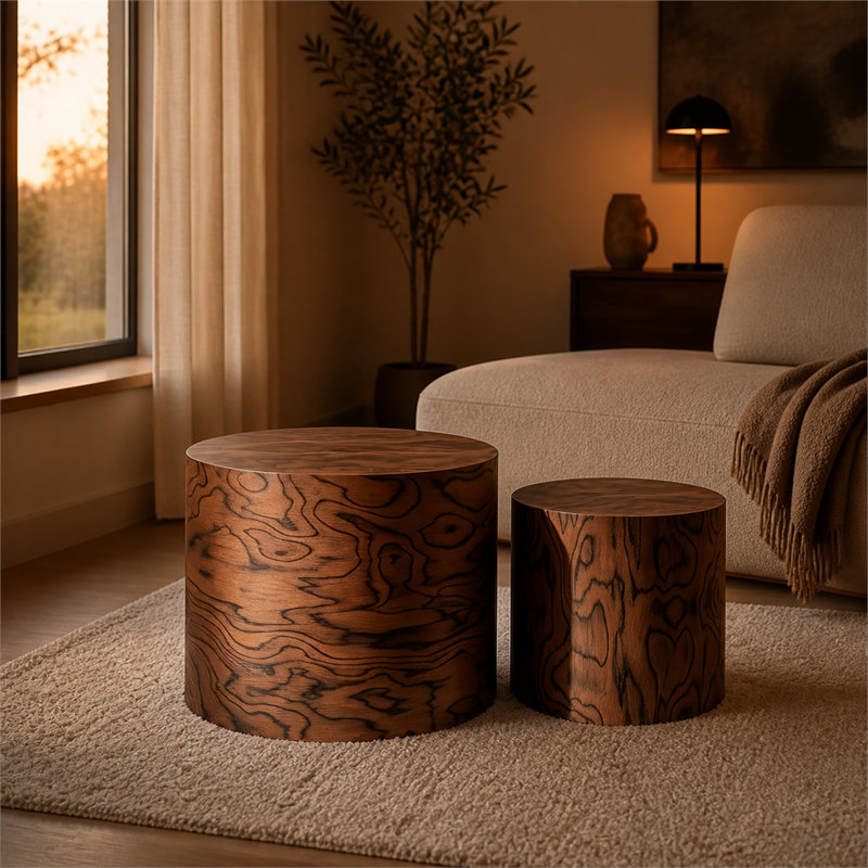 Table basse gigogne brune rustique en deux pièces avec plateau à souche sans outils à grain naturel pour salon de campagne moderne