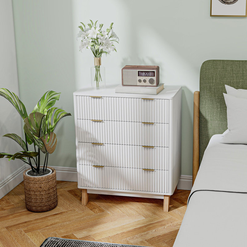 Fluted Dresser for Bedroom with 4 Drawers, 28" Wide Chest of Drawers with Gold Finger Pulls and 4 Wood Legs, White