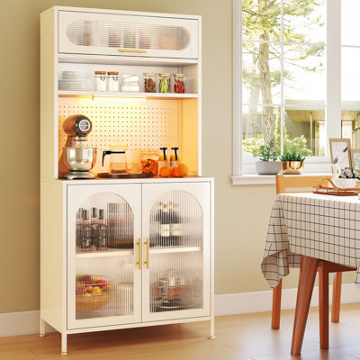 65" H Metal Pantry Cabinet With Magnetic Light Strip And Glass Doors