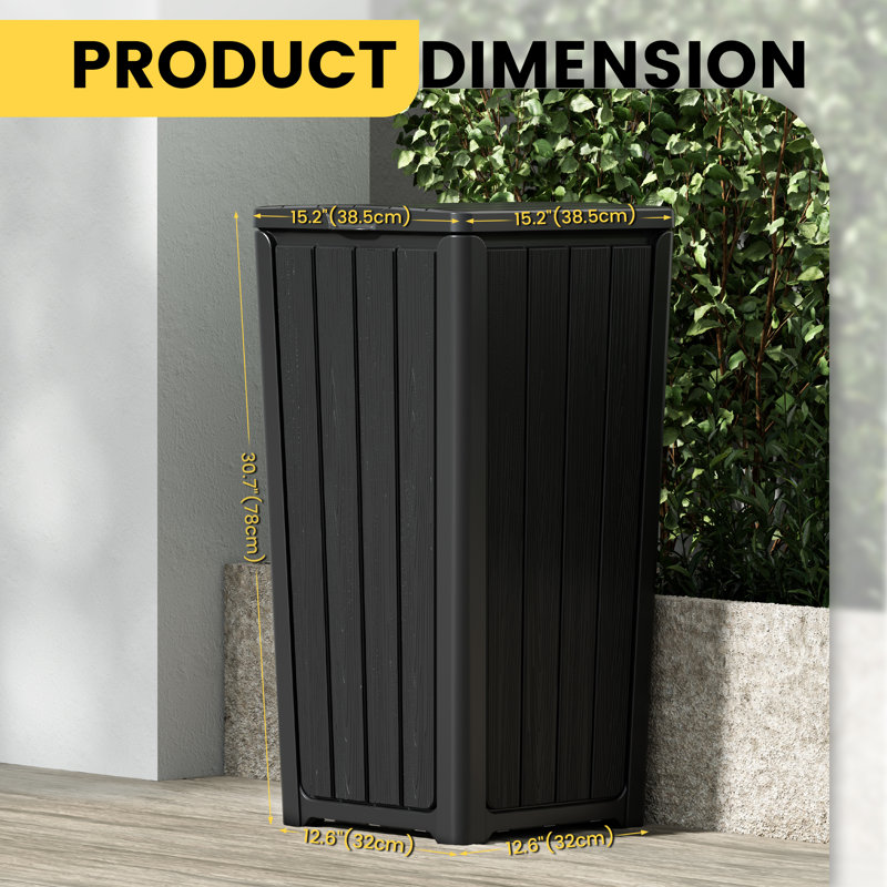 Poubelle à grain de bois imperméable 23 gallons pour l'extérieur facile à nettoyer et à installer, Noir, noir, noir, noir
