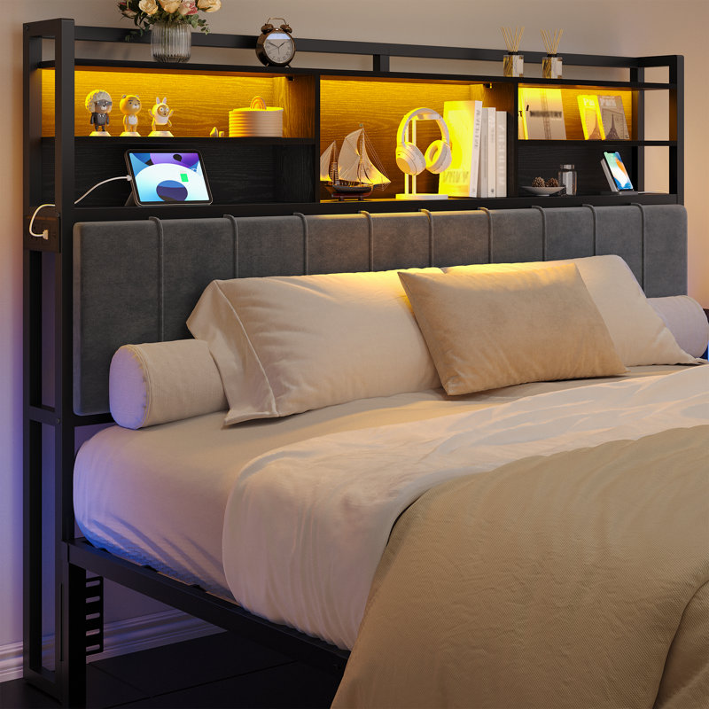 Headboard with 3-Tier Storage Shelves, Velvet Upholstered Head Board with 2 Outlets, USB Ports & LED Light, Soft Backrest