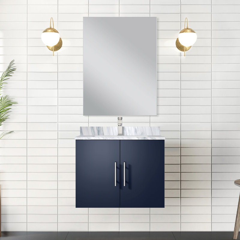 22 po H Meuble-lavabo bleu marine, comptoir en marbre, miroir 18 po, comptoir simple rehaussant l'espace et l 24 po x P, style élégant