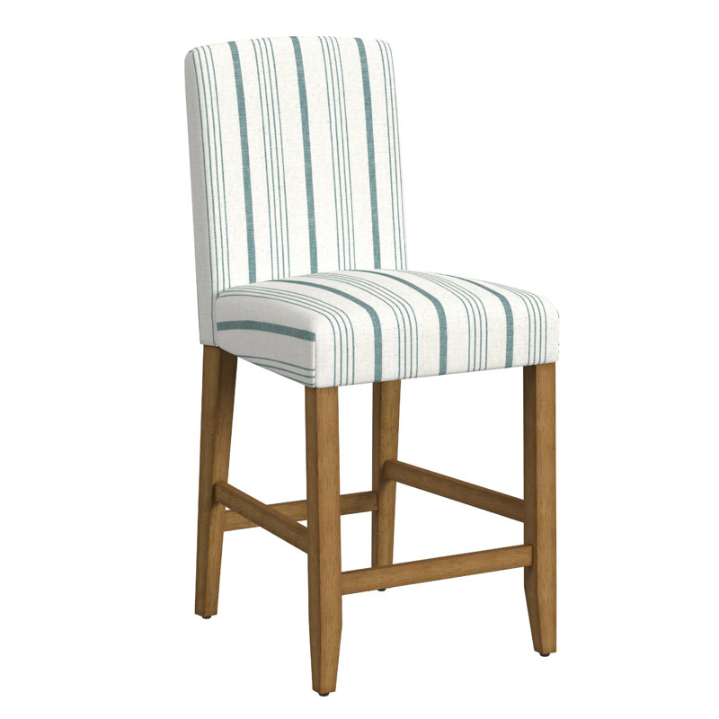 Tabouret de comptoir Pior, rayure blanche, pieds en bois, Siège rayé bleu / cadre brun
