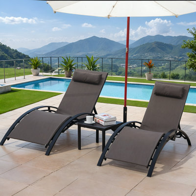 3 pcs Poolchairs Patio Chaise Lounge Set with Headrest, 5-Level Adjustable Sunbathing Tanning Poolside Recliner Chairs with Side Table for Outdoor Beach