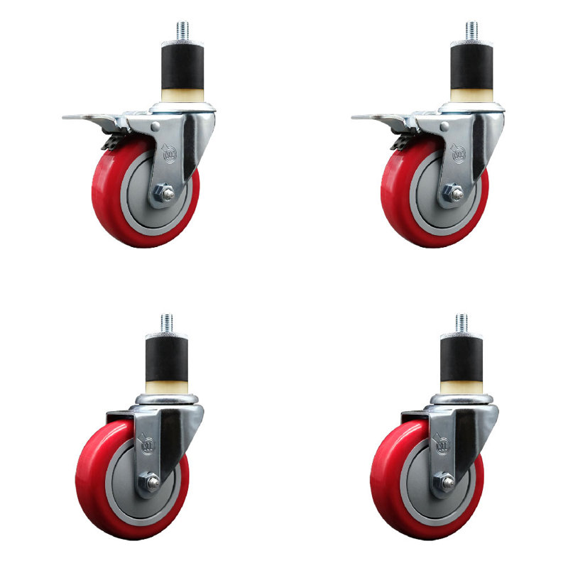 Ensemble de roulettes extensibles en polyuréthane pivotant de 4 po à 4 pouces et serrure totale 4 pouces, Rouge