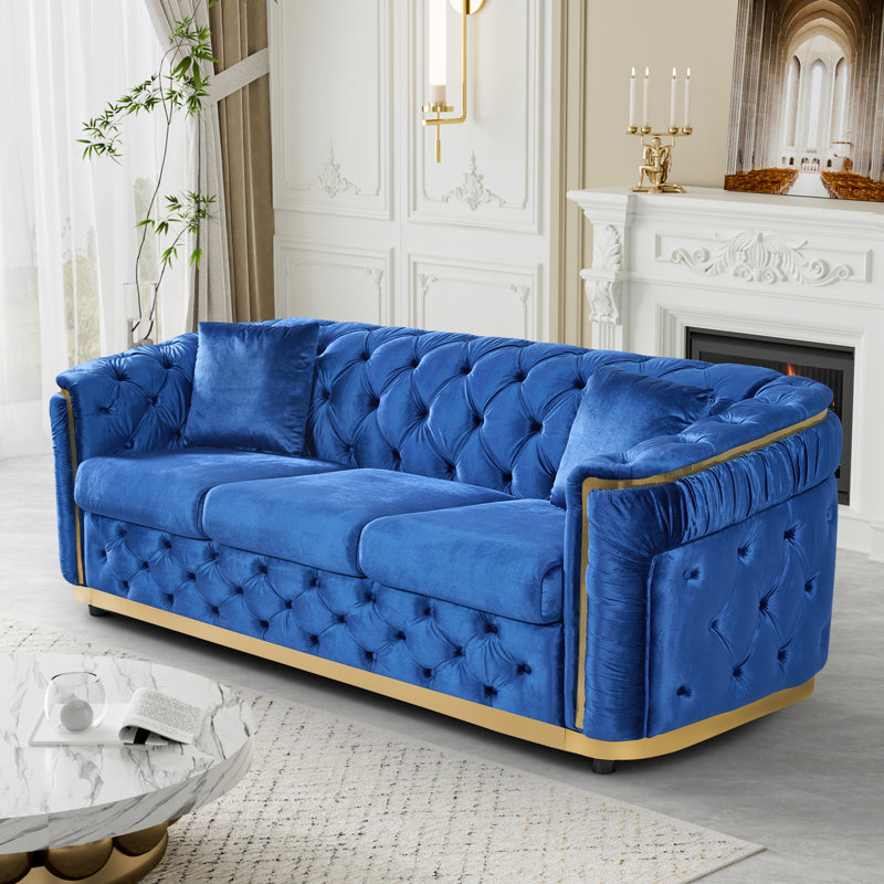  85" Chesterfield Velvet Sofa with Gold Trim Accents, Blue/Gold