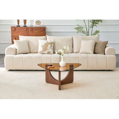Vintage-Style Triangular Coffee Table With A Tea-Colored Tempered Glass Top And Walnut-Colored Mdf Triangular Legs. Ideal As A Sofa Side Table,Corner Table, Portable Coffee Table For The Living Room.