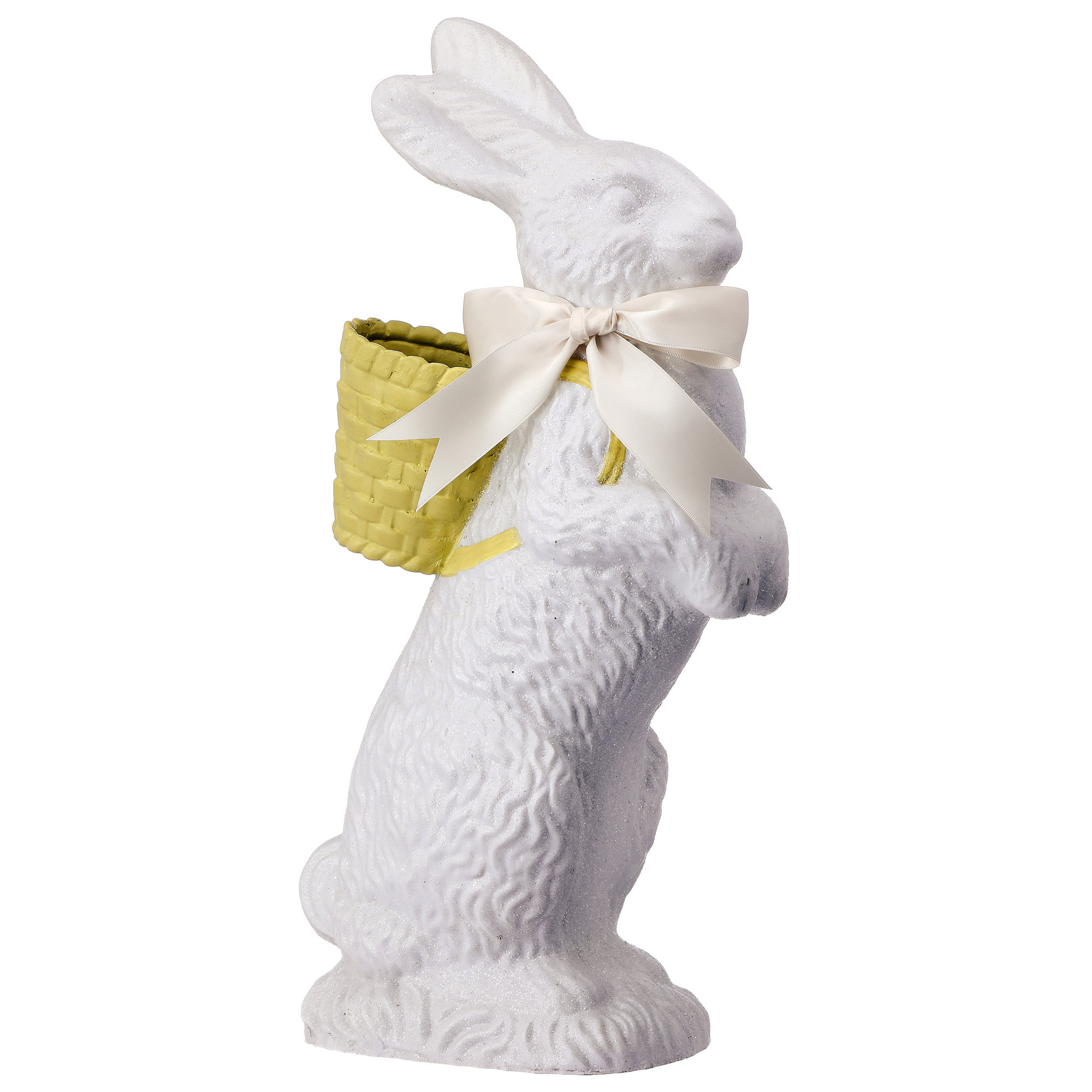 Resin Chocolate Standing Bunny With Basket 35", White/Yellow, 20.5 in x 9 in