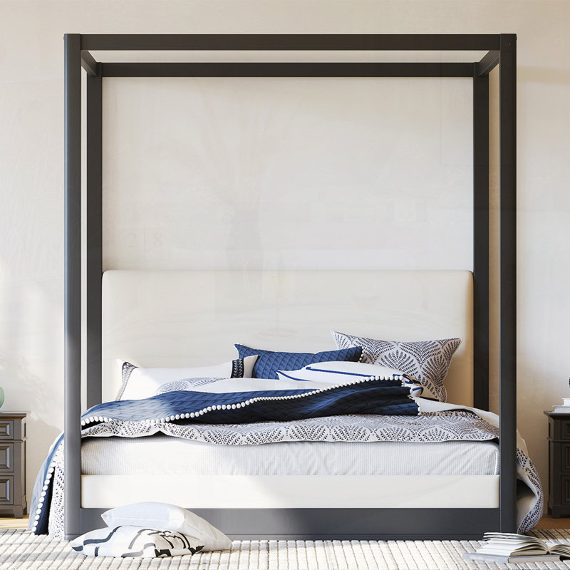 Lit plateforme à baldaquin en bois avec tête de lit tapissier, Black, Grand lit