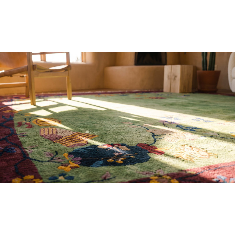 Chinese Rectangle Wool Knotted Green - Art Deco Antique Room Size 1920s Rug
