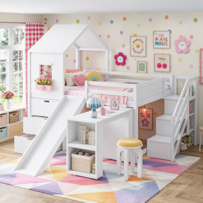 Playhouse Loft Bed with Integrated Storage, Stair Shelves, Pull Out Desk, and Slide for Kids