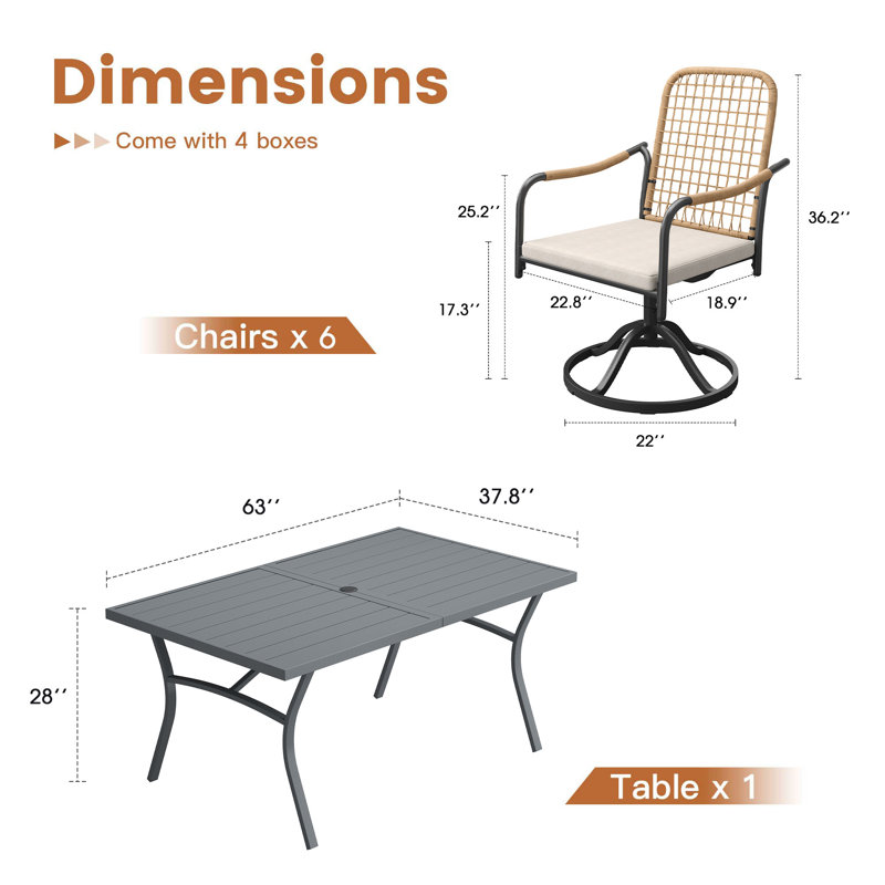 6-Person 63" Rectangular Outdoor Dining Set With Cushioned Swivel Woven Rattan Chairs, Gray