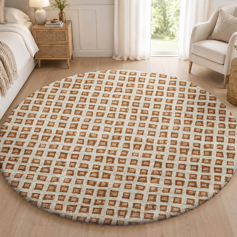 Tapis géométrique Dream Shag ADS727 lavable à la machine de qualité supérieure, Paprika, Rond 8 pi