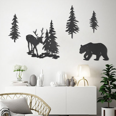 Décoration murale cerf et ours pin - noir - Art de la nature en bois rustique
