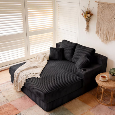  Upholstered Chaise Lounge Chair Indoor, 60'' Corduroy Sleeper Chair with 2 Cup Holders, 2 Side Pockets, Pillows and Armrests, Chair Bed for Living Room, Dorm, or Guest Room, No Assembly Required, Black
