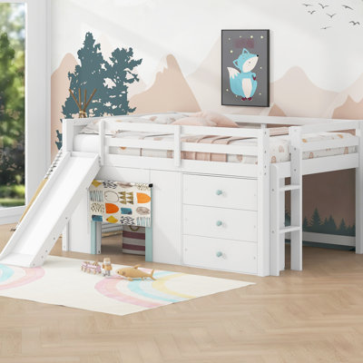 Lit mezzanine double pleine grandeur blanc avec glissière et trois tiroirs de rangement - Construction, peu encombrant, glissière à assemblage simple, bruit de deux portes, idéal pour la chambre à coucher