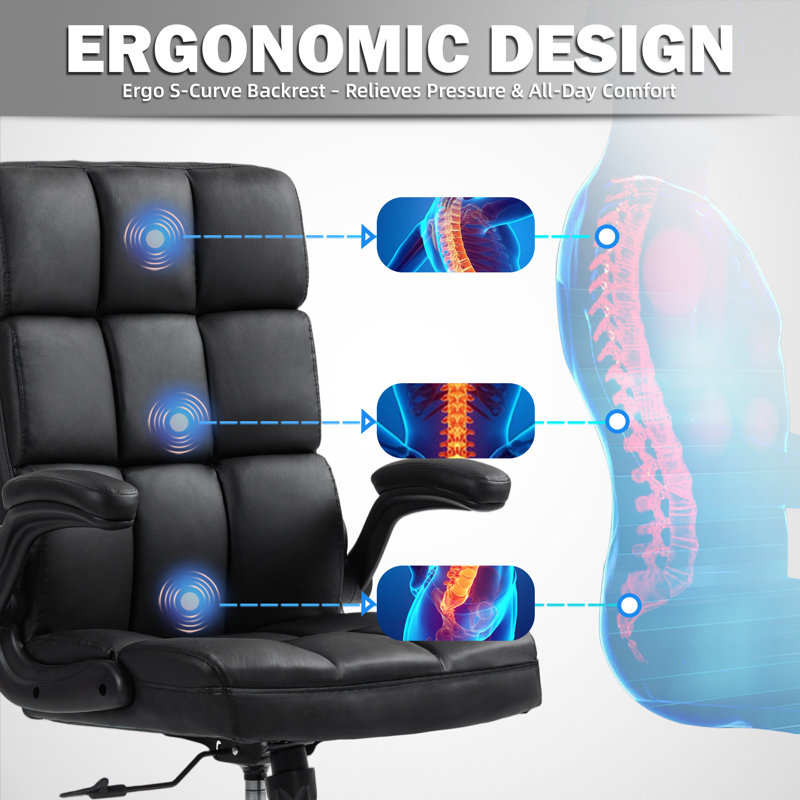 Leather Executive Chair With Adjustable Flip‑Up Arms, Black