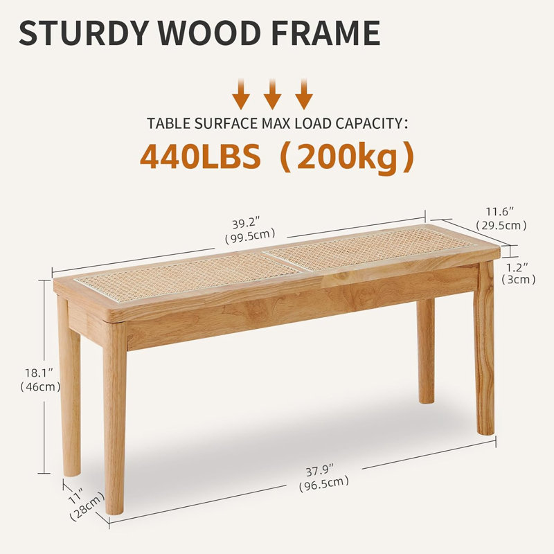 With Hand Woven Rattan Seat,Solid Wood Bench For Entryway,Living Room,Kitchen And Bedroom