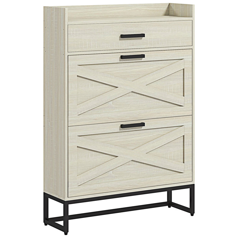 Narrow Shoe Cabinet With 2 Flip Doors And Top Drawer, White