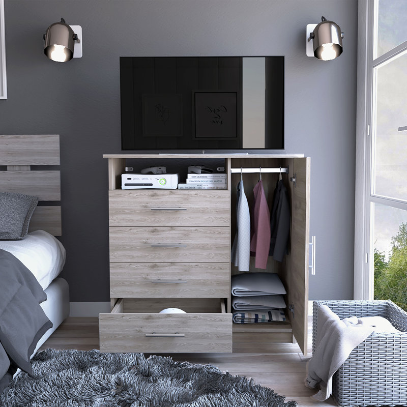 Commode 4 tiroirs avec placard vertical Khenadi, Gris clair