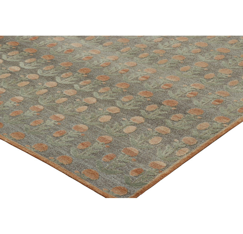 Rug & Kilim’S Block Print Rug Design. Brown And Green And Orange Floral Patterns, Rectangle 5' x 7'
