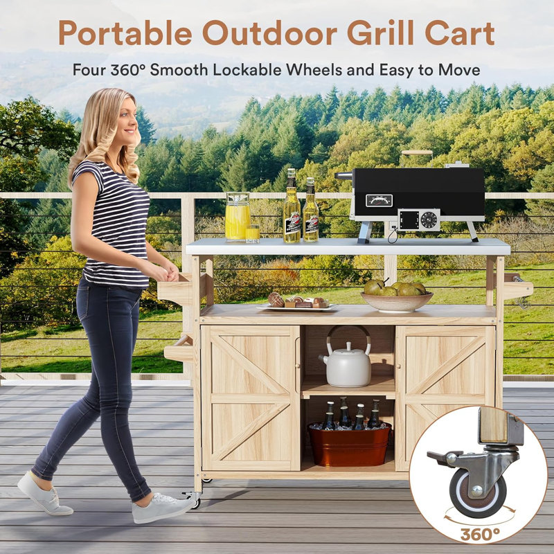 Versatile Outdoor Grill Cart With Storage, Spice Rack, Paper Towel Holder, And Lockable Wheels, Natural