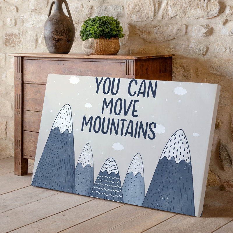 Reproduction d'art sur toile, "Une scène de chambre de bébé fantaisiste" mettant en vedette des montagnes ludiques dans des tons muraux gris avec une apparence texturée