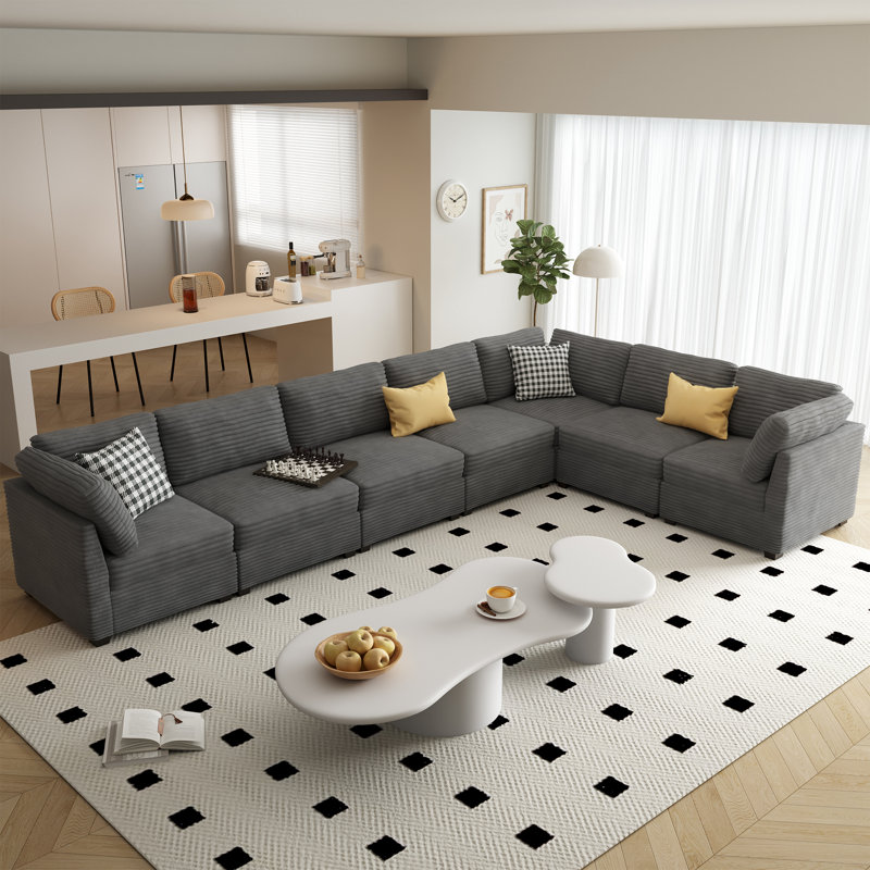 Grand canapé modulaire modulaire de 163 po, fauteuils minimalistes en forme de L, ensemble de canapés en velours côtelé moelleux pour 7 personnes