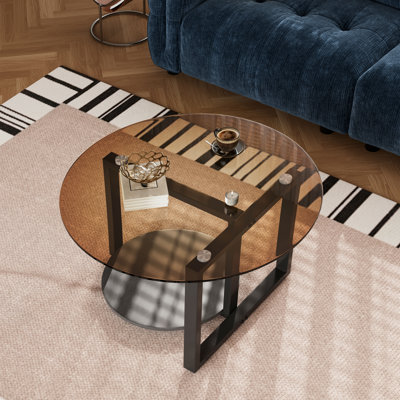 Round Coffee Table Amber-Tinted Tempered Glass Accent Table For Living Rooms