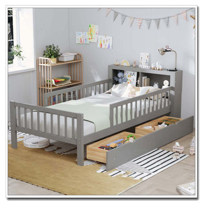 Lit simple avec support de rangement pour tête de lit, 2 tiroirs et 3 garde-corps latéraux, gris