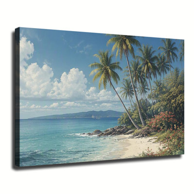 Palmiers tropicaux bordant une plage de sable blanc et une eau bleu clair, tableau sur toile représentant un bord de mer paisible