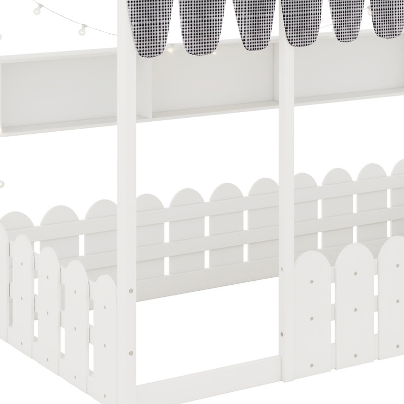 Lit de plancher pour enfant équipé d'une clôture de sécurité, d'une tente de jeu, de lumières décoratives et de compartiments de rangement