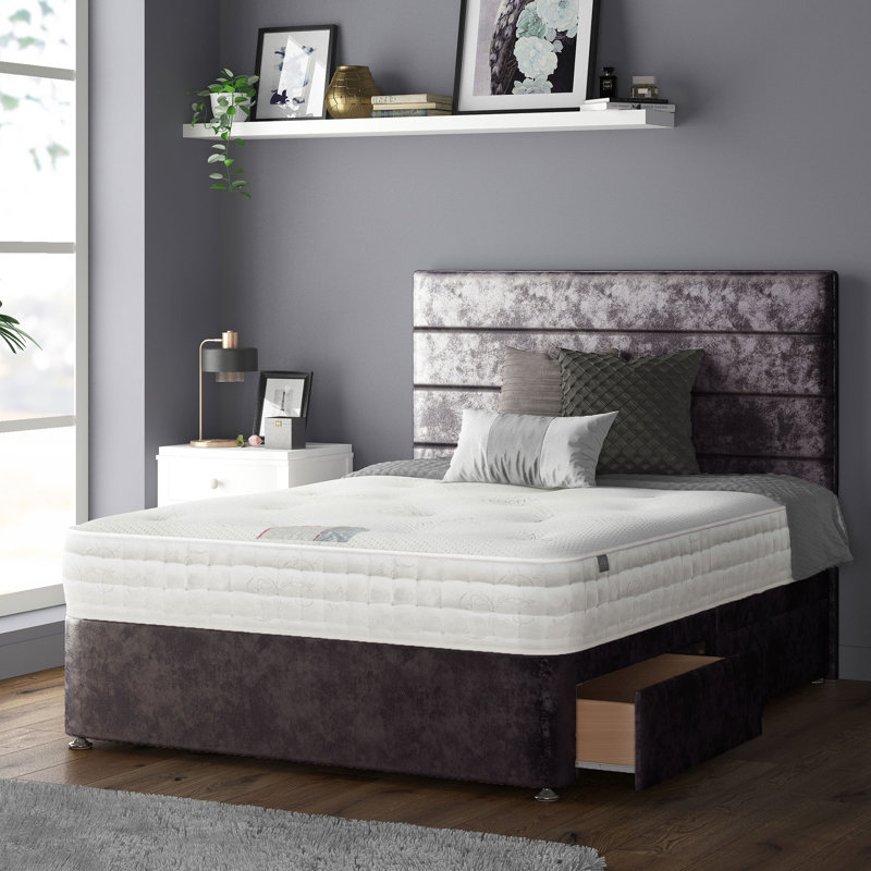 Kiara Stripped Floor Standing Headboard with Divan Base Crush Velvet and Metal Feet, Double (4'6), Amethyst