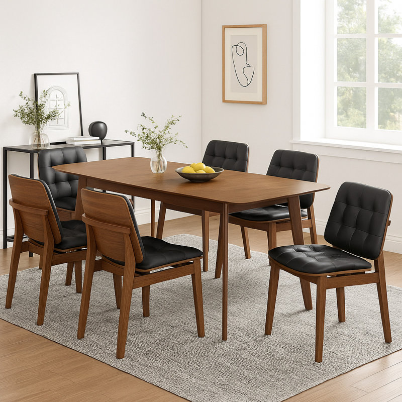 Ensemble de salle à manger rectangulaire en kevirent, 7 Pieces: 1 Table, 6 Chairs, Noir