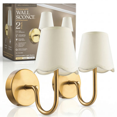 Bell + Howell Rechargeable Wall Light Sconce 2 Pack with Scalloped Fabric Shade and Dimmable - Gold