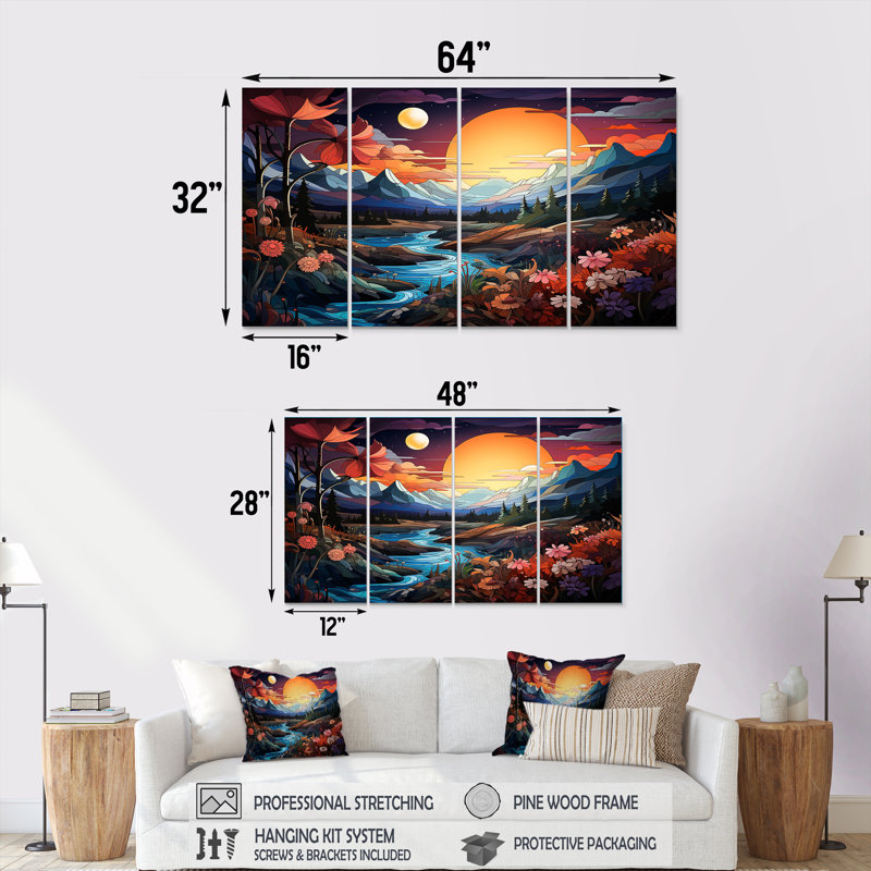 «Yellow Enchanted Meadows Fantasy II», paysages abstraits, art mural 4 pièces, H 32 po x l 64 po