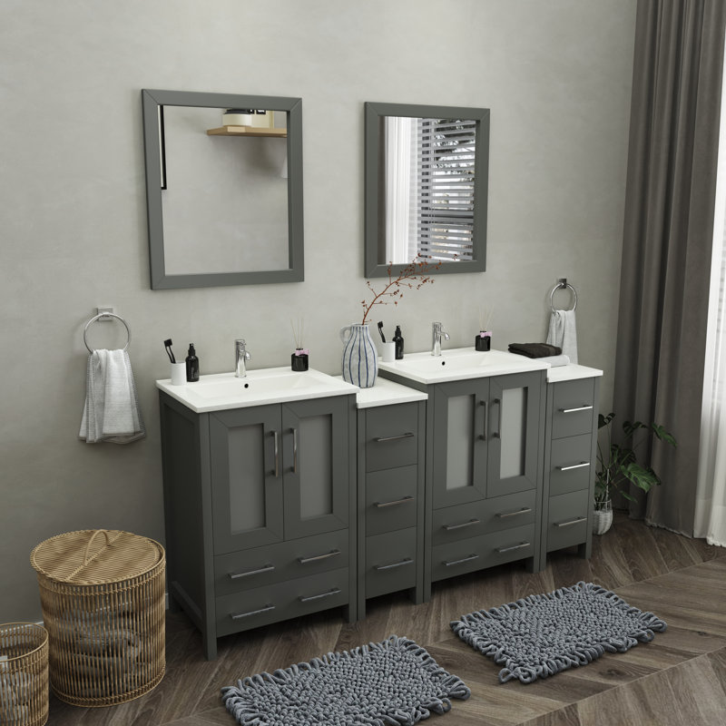  Modern 72" Double Bathroom Vanity Set with Mirror, Gray