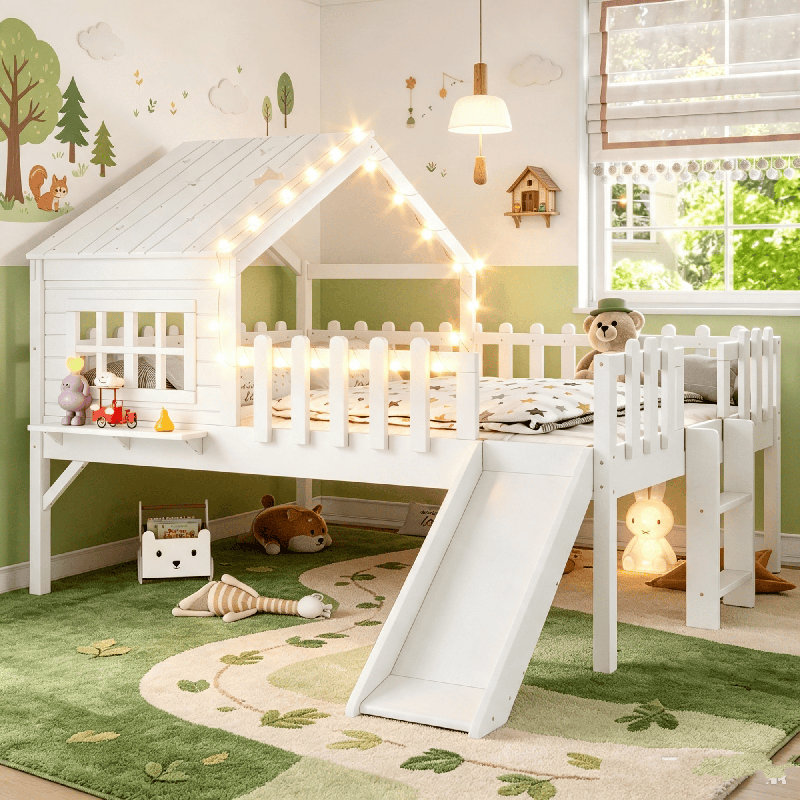 Lit mezzanine House, lit mezzanine en bois avec glissade, lumières DEL et fenêtre, lit maisonnette, lit d'enfant Playhouse, aucun sommier nécessaire, cadre de lit mezzanine Playhouse pour petite chambre d'enfant